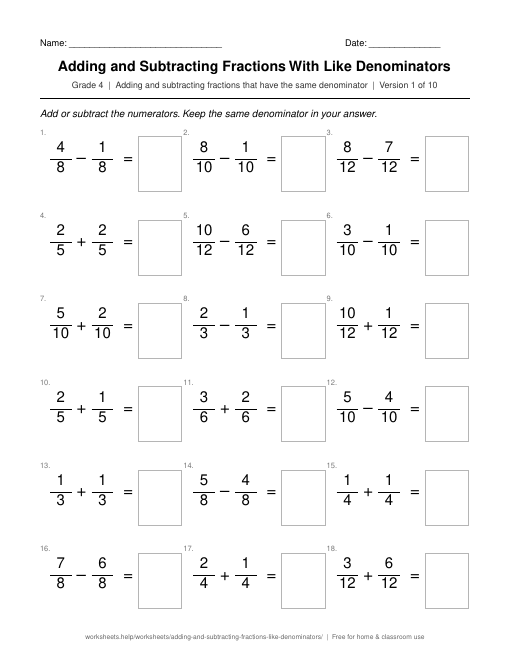Preview of the Adding and Subtracting Fractions With Like Denominators printable worksheet