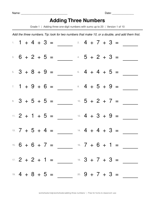 Preview of the Adding Three Numbers printable worksheet
