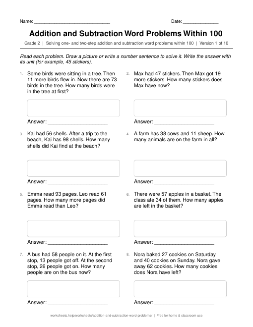 Preview of the Addition and Subtraction Word Problems Within 100 printable worksheet