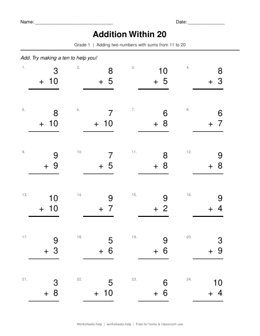 Preview of Addition Within 20 worksheet