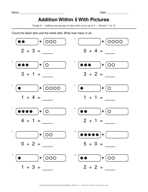 Preview of Addition Within 5 With Pictures worksheet