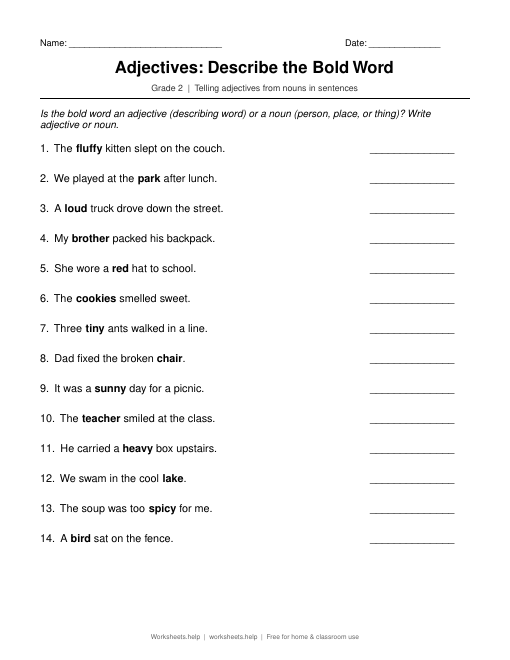 Preview of the Adjectives: Describe the Bold Word printable worksheet