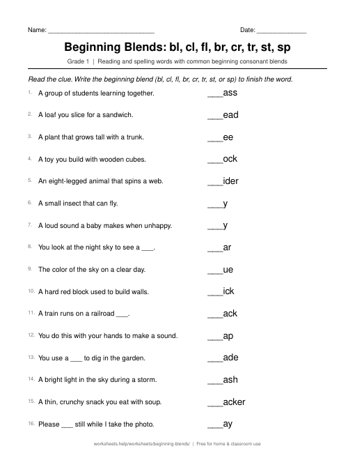 Preview of the Beginning Blends: bl, cl, fl, br, cr, tr, st, sp printable worksheet