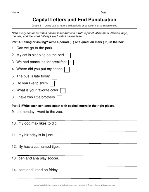 Preview of the Capital Letters and End Punctuation printable worksheet