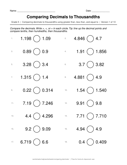 Preview of the Comparing Decimals to Thousandths printable worksheet