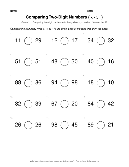 Preview of the Comparing Two-Digit Numbers (>, <, =) printable worksheet