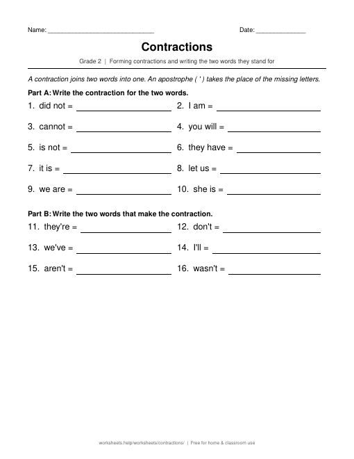 Preview of the Contractions printable worksheet