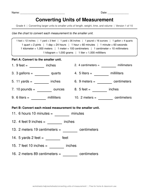 Preview of the Converting Units of Measurement printable worksheet