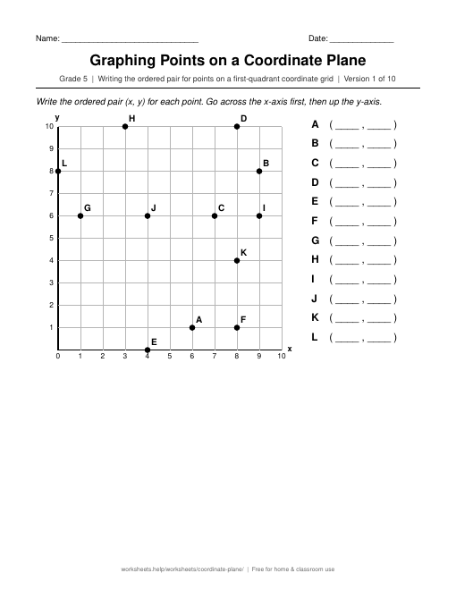 Preview of the Graphing Points on a Coordinate Plane printable worksheet