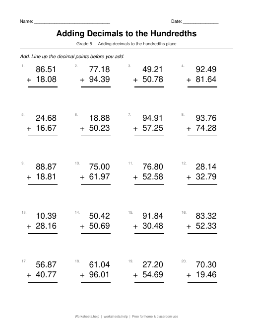 Preview of Adding Decimals to the Hundredths worksheet