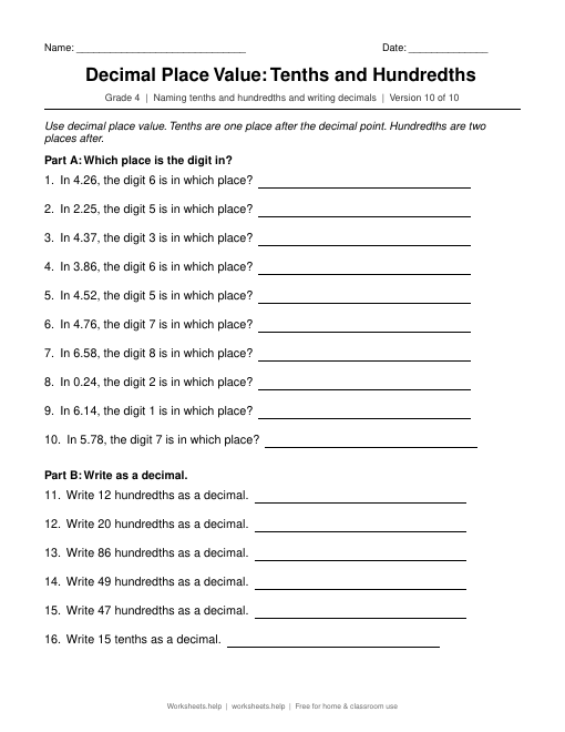 Decimal Place Value: Tenths and Hundredths, version 10 preview