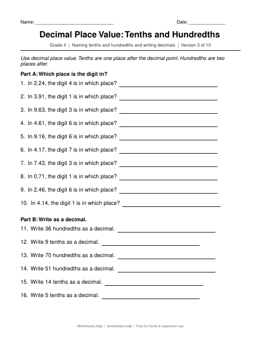 Decimal Place Value: Tenths and Hundredths, version 3 preview
