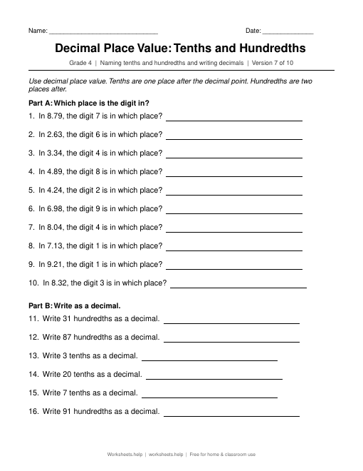 Decimal Place Value: Tenths and Hundredths, version 7 preview