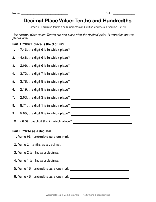 Decimal Place Value: Tenths and Hundredths, version 9 preview