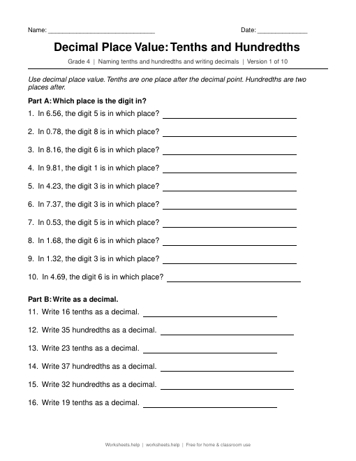 Preview of the Decimal Place Value: Tenths and Hundredths printable worksheet