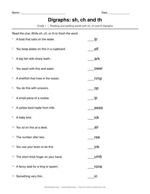 Preview of the Digraphs: sh, ch and th printable worksheet