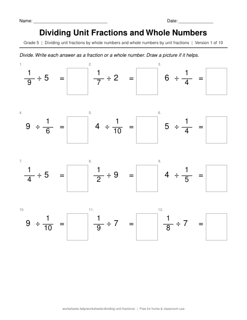 Preview of the Dividing Unit Fractions and Whole Numbers printable worksheet
