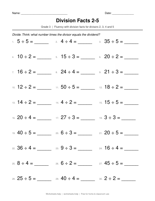 Preview of Division Facts 2-5 worksheet