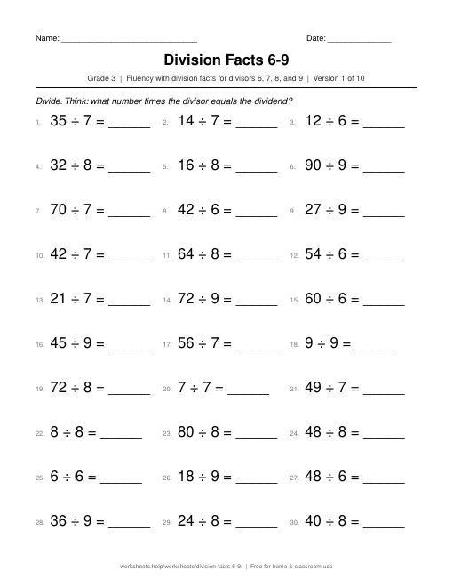 Preview of the Division Facts 6-9 printable worksheet