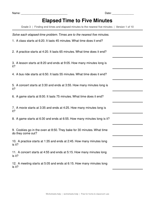Preview of the Elapsed Time to Five Minutes printable worksheet