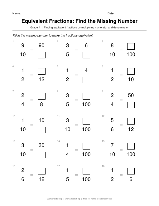 Preview of Equivalent Fractions: Find the Missing Number worksheet