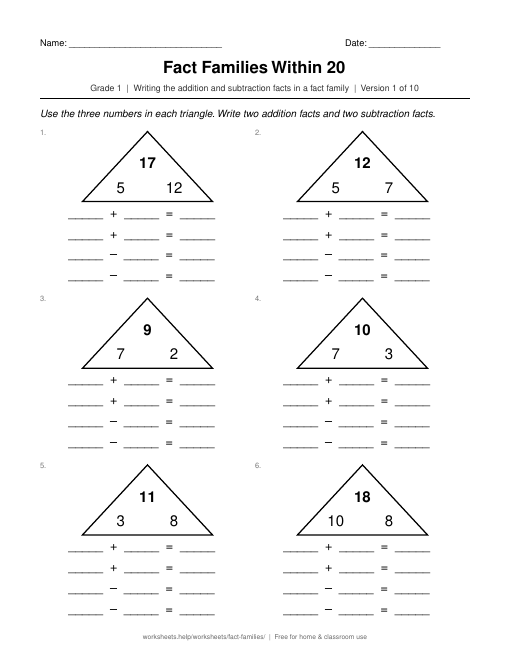 Preview of the Fact Families Within 20 printable worksheet