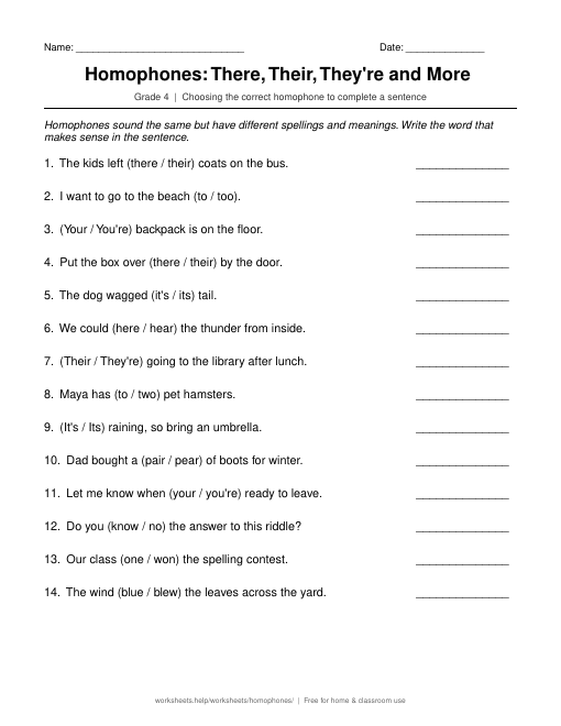 Preview of the Homophones: There, Their, They're and More printable worksheet