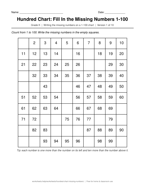Preview of the Hundred Chart: Fill In the Missing Numbers 1-100 printable worksheet