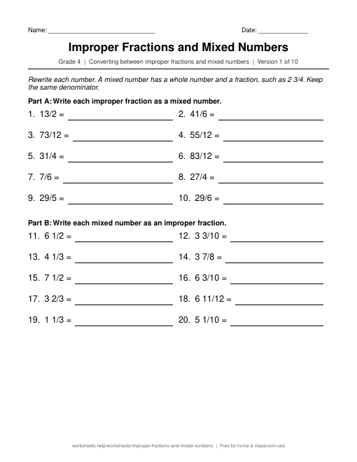 Preview of the Improper Fractions and Mixed Numbers printable worksheet