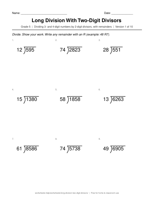 Preview of the Long Division With Two-Digit Divisors printable worksheet