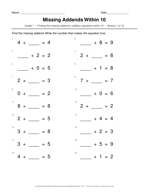 Preview of the Missing Addends Within 10 printable worksheet