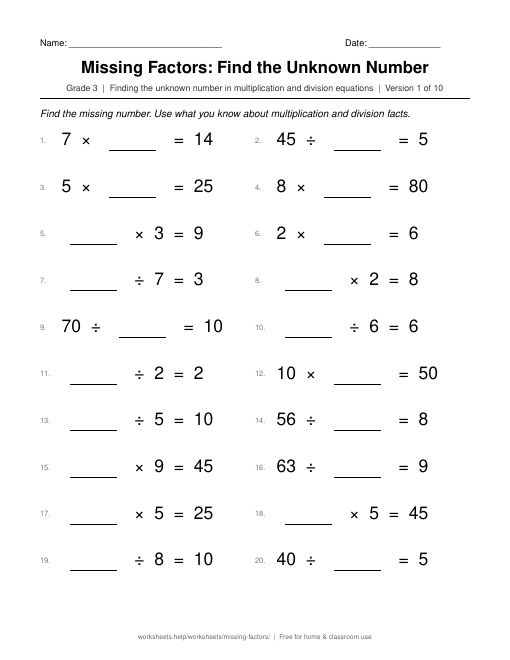 Preview of the Missing Factors: Find the Unknown Number printable worksheet