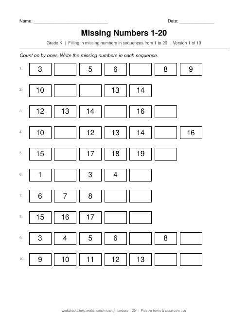 Preview of the Missing Numbers 1-20 printable worksheet