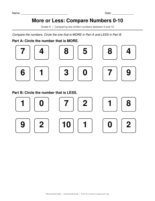 Preview of More or Less: Compare Numbers 0-10 worksheet