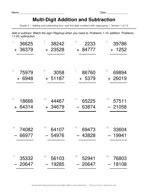Preview of the Multi-Digit Addition and Subtraction printable worksheet