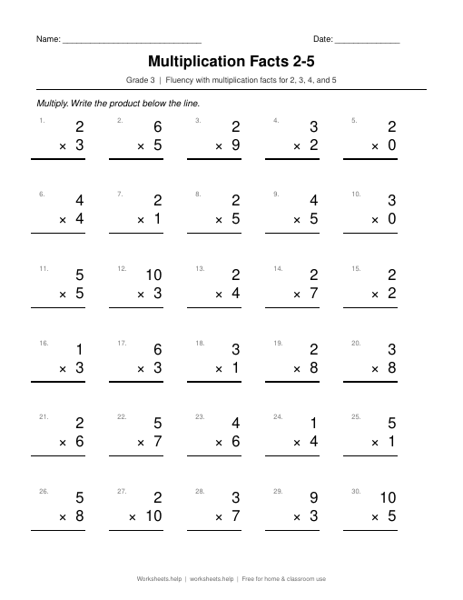 Preview of Multiplication Facts 2-5 worksheet
