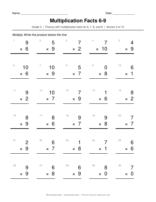Multiplication Facts 6-9, version 3 preview
