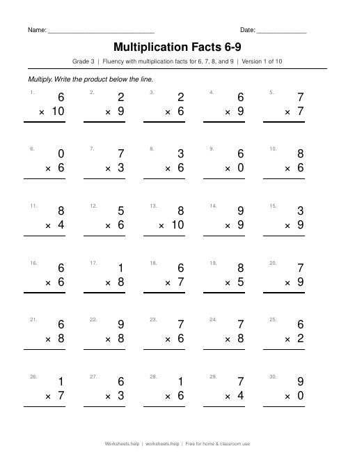 Preview of the Multiplication Facts 6-9 printable worksheet
