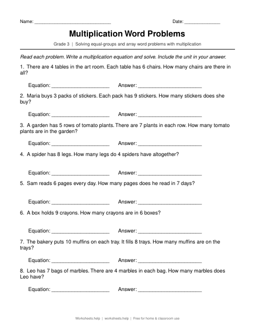 Preview of Multiplication Word Problems worksheet