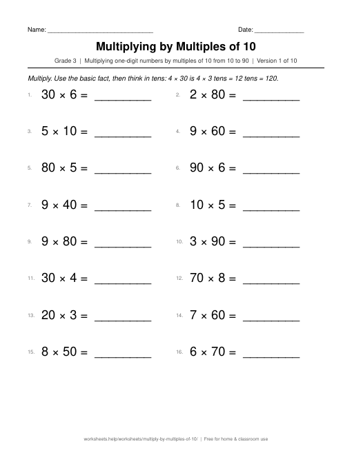 Preview of the Multiplying by Multiples of 10 printable worksheet