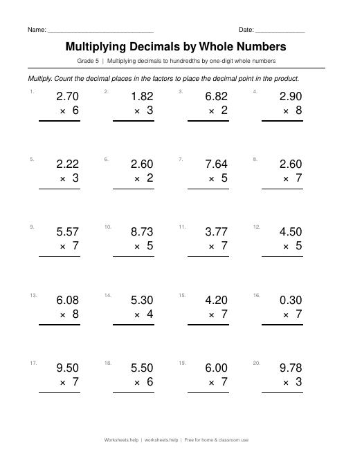 Preview of Multiplying Decimals by Whole Numbers worksheet