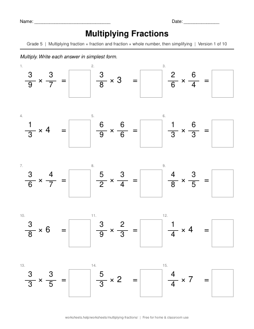 Preview of the Multiplying Fractions printable worksheet