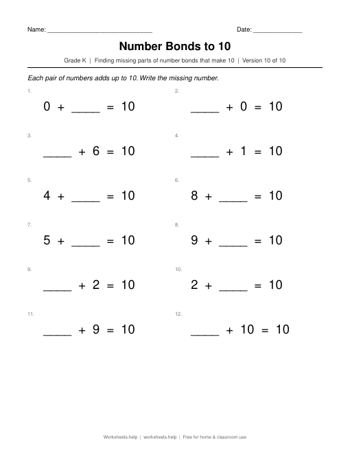 Number Bonds to 10, version 10 preview