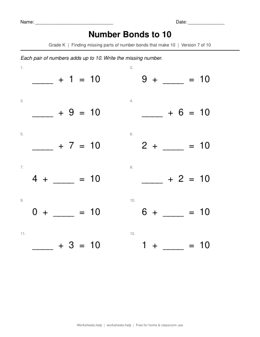 Number Bonds to 10, version 7 preview
