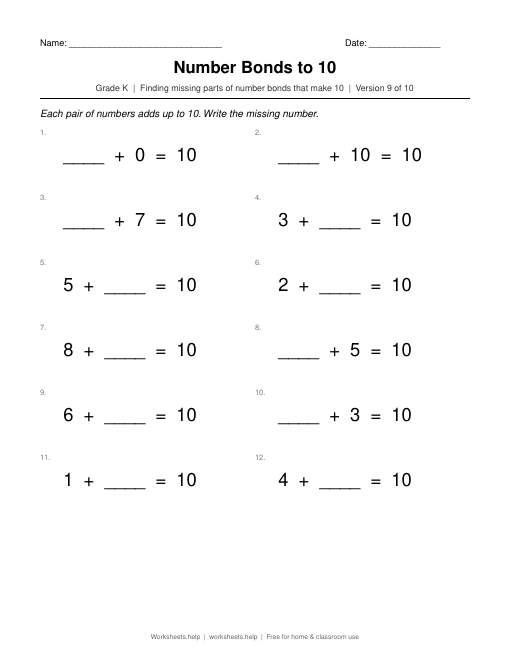 Number Bonds to 10, version 9 preview