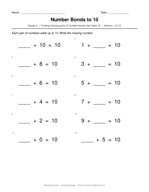 Preview of the Number Bonds to 10 printable worksheet