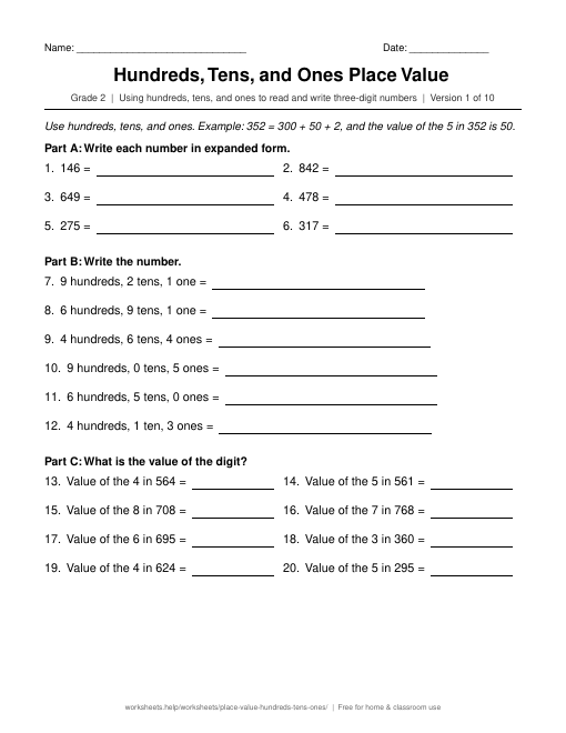 Preview of the Hundreds, Tens, and Ones Place Value printable worksheet
