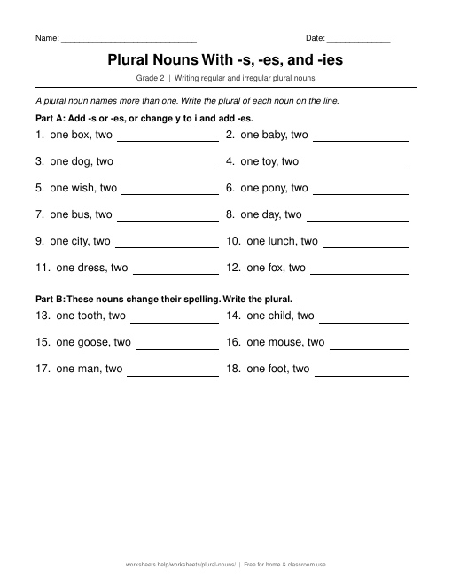 Preview of the Plural Nouns With -s, -es, and -ies printable worksheet