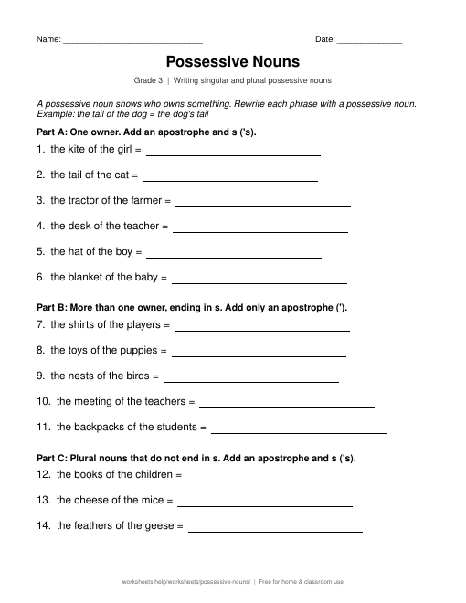 Preview of the Possessive Nouns printable worksheet