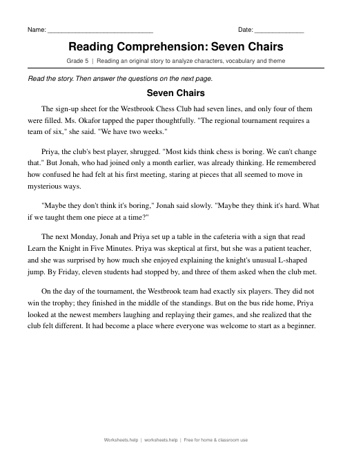 Preview of Reading Comprehension: Seven Chairs worksheet